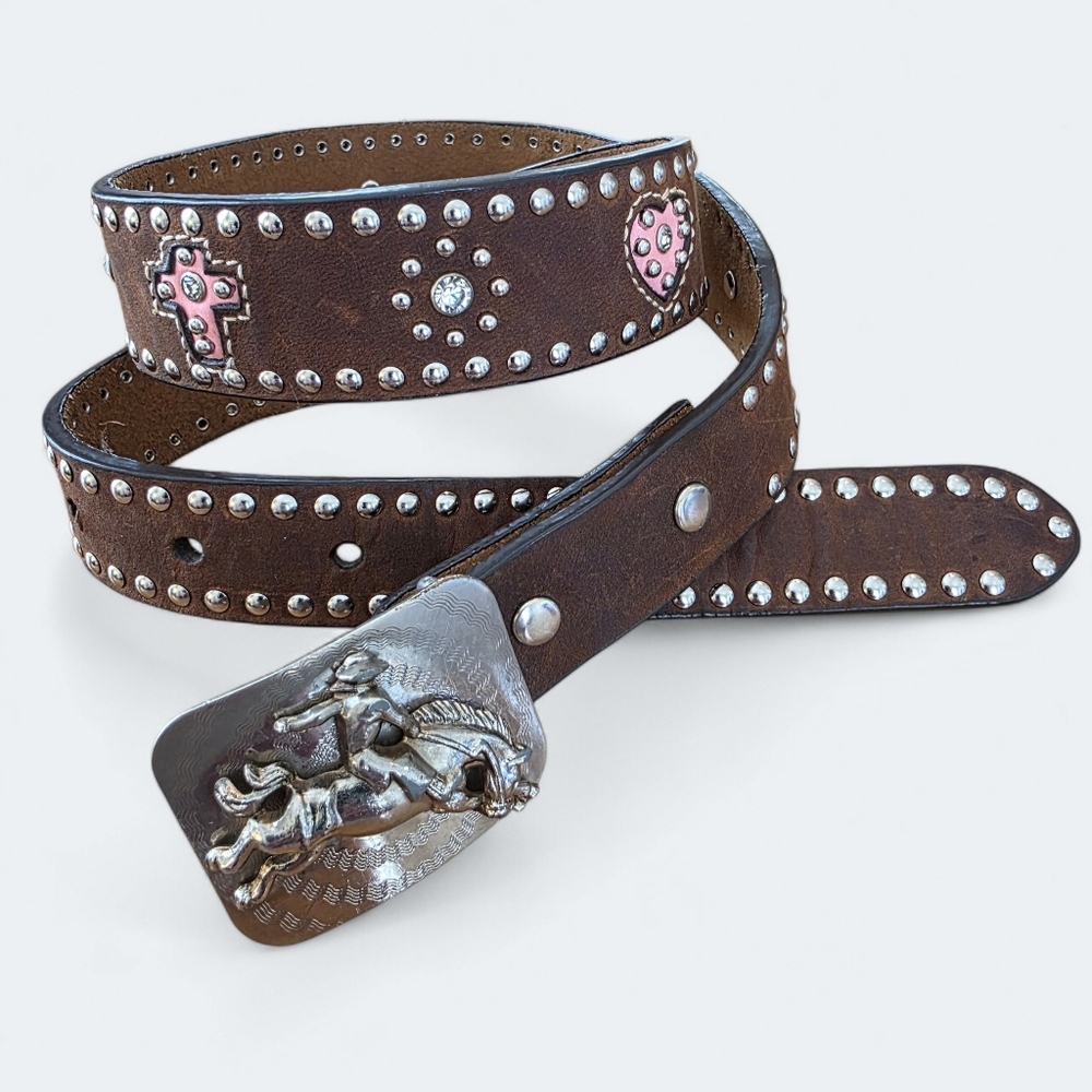 Nocona Girls Western Brown Leather Belt Pink Rhinestone Cross Studded Size 28